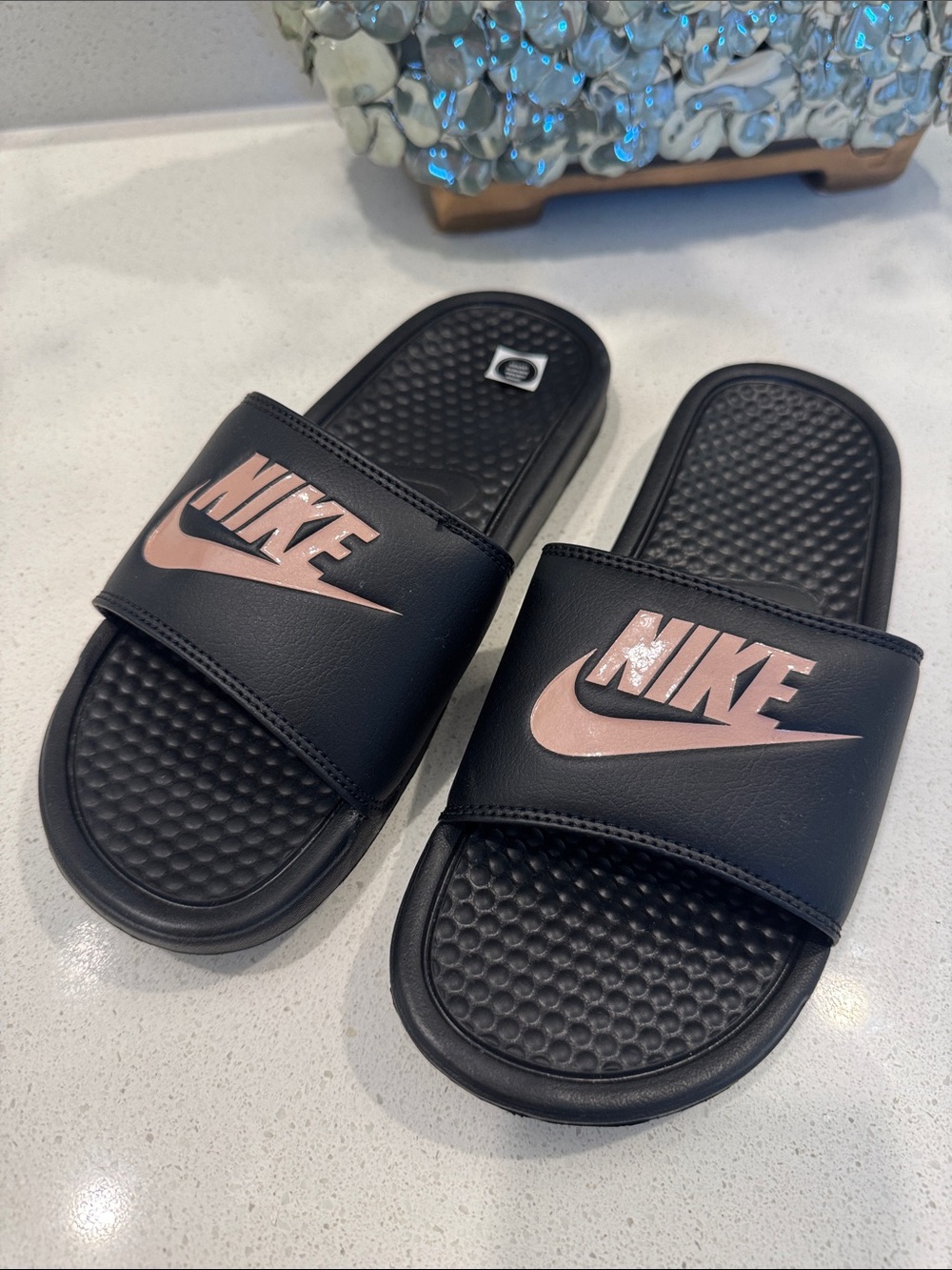 Nike Black Slide Sandals with Rose Gold Logo